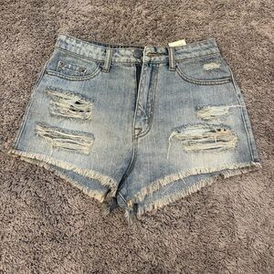 BDG Light Blue Distressed High-Rise Jean Shorts
